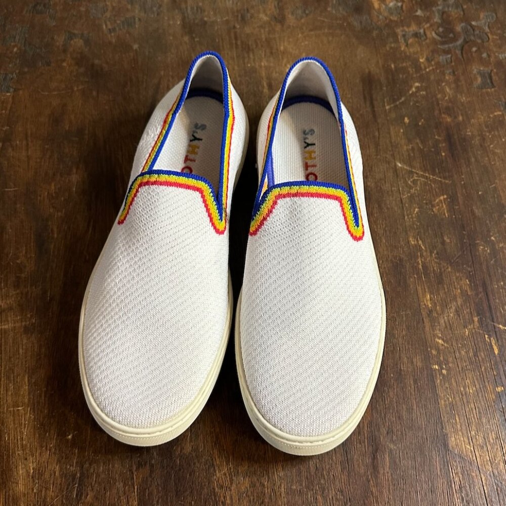 Rothy’s Slip-On Sneakers – White Knit with Rainbow Trim – Women’s Size 10